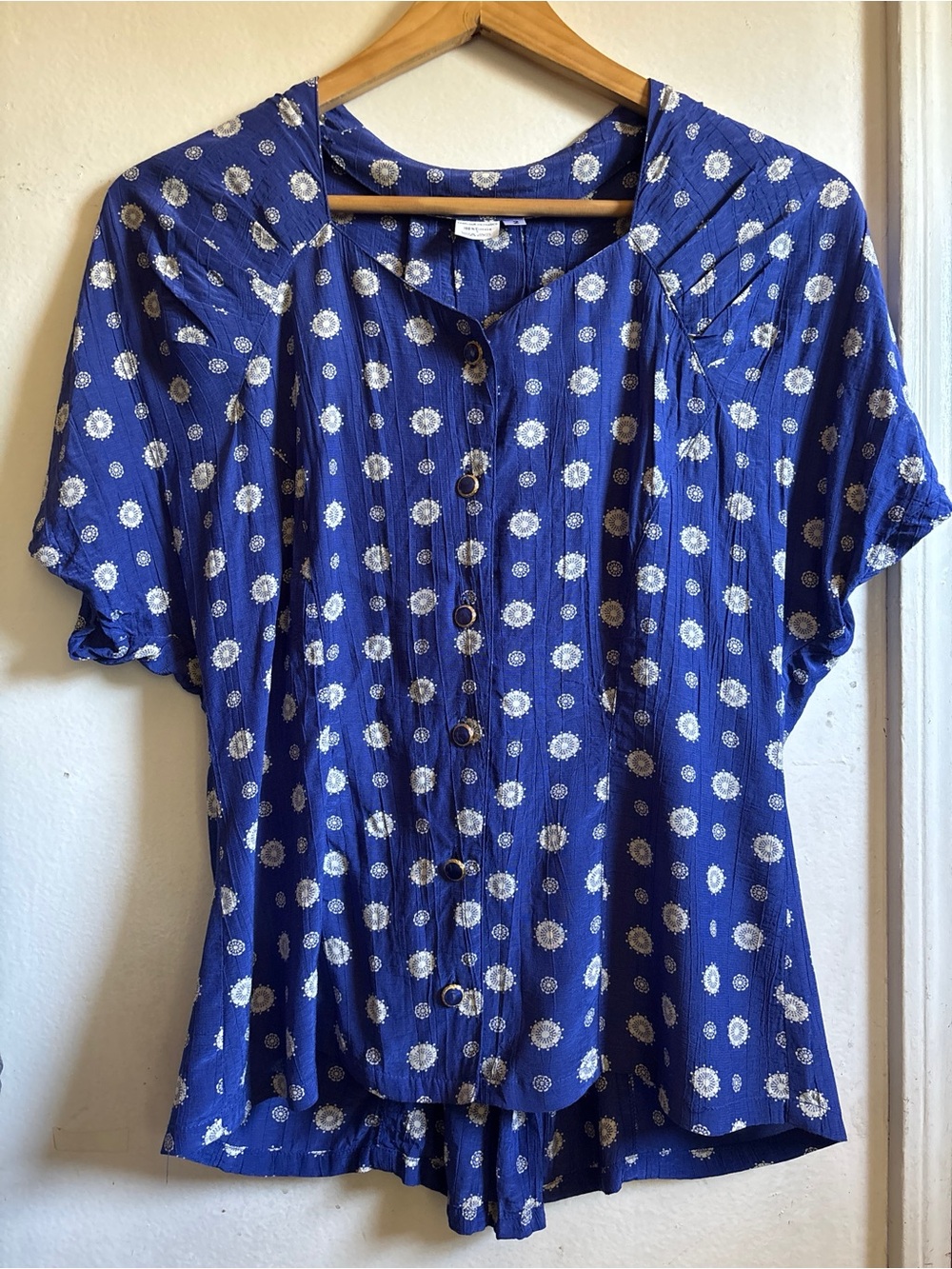 Cobalt Blue Medallion Blouse - Corset Lace-Up Back Cotton-Look Viscose Top